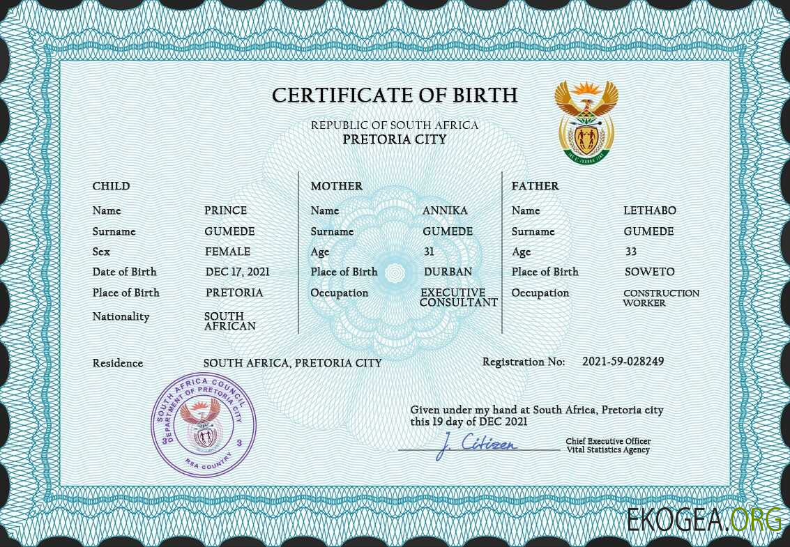 Modèle PSD de certificat de naissance en Afrique du Sud